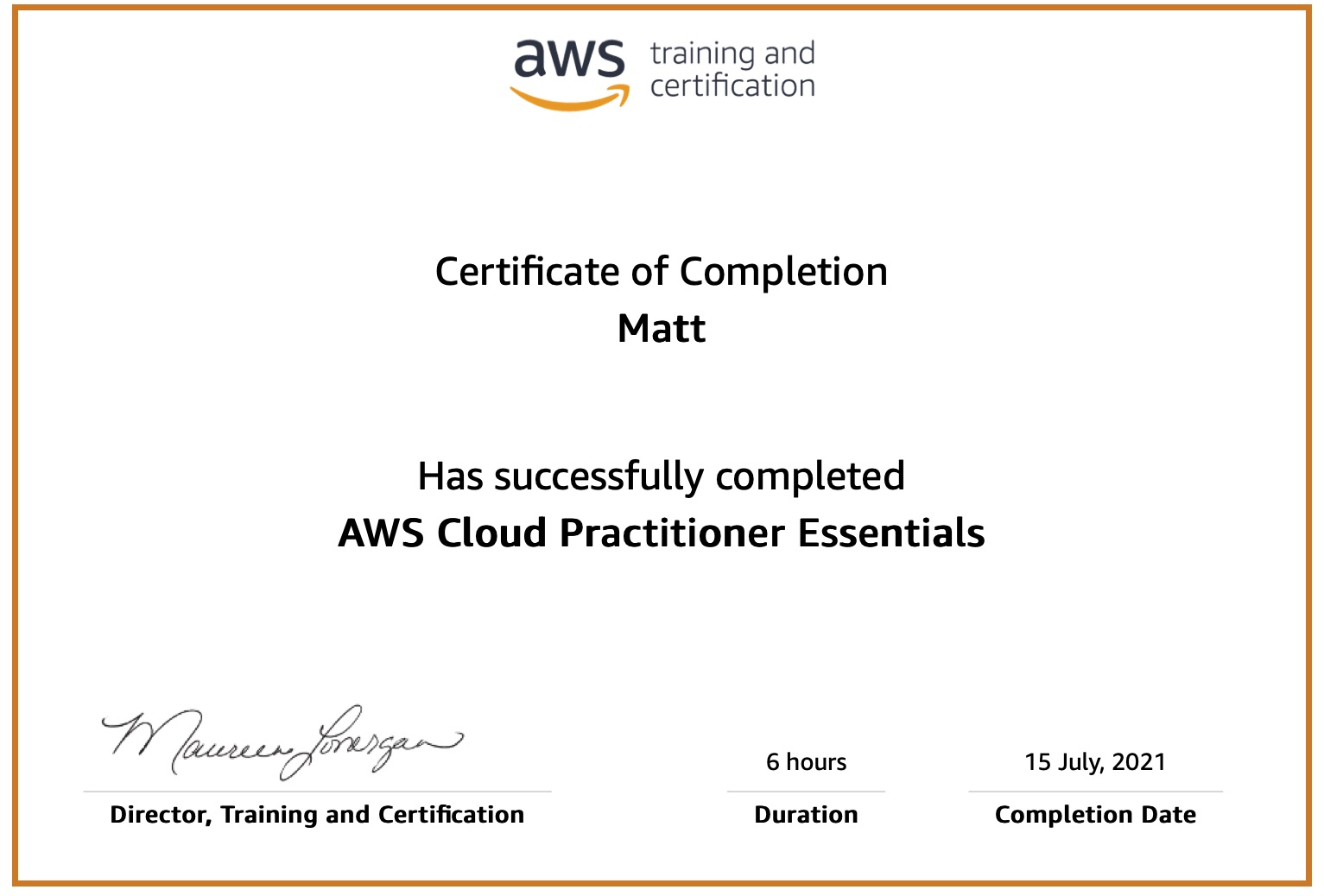 AWS cloud practitioner Essentials course completion certificate