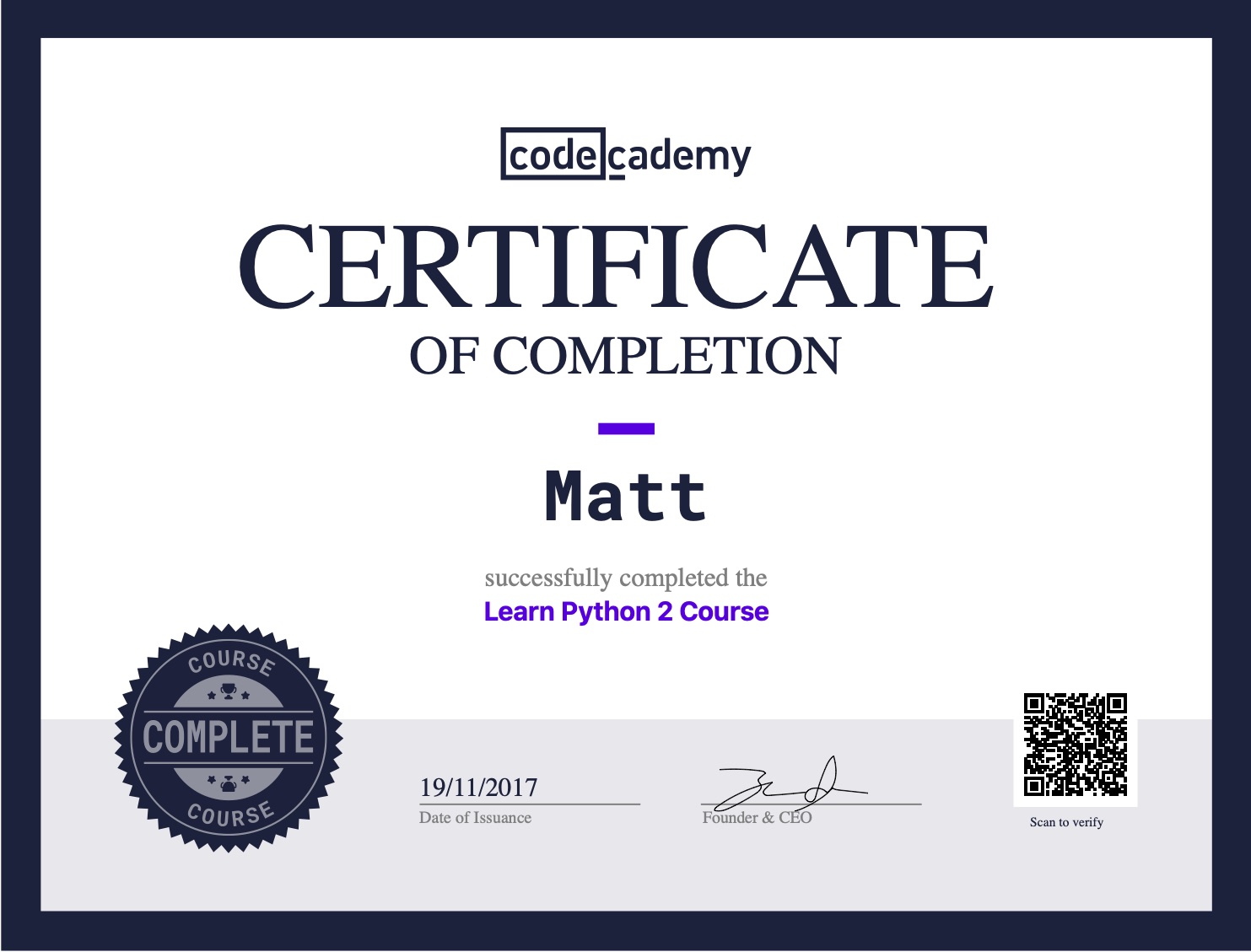 Codecademy Python 2 Course Completion certificate